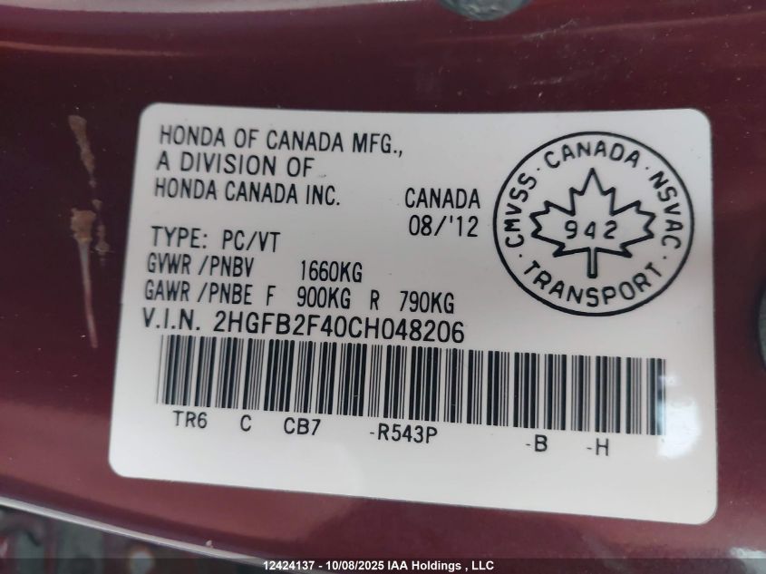 2012 Honda Civic Lx VIN: 2HGFB2F40CH048206 Lot: 12424137