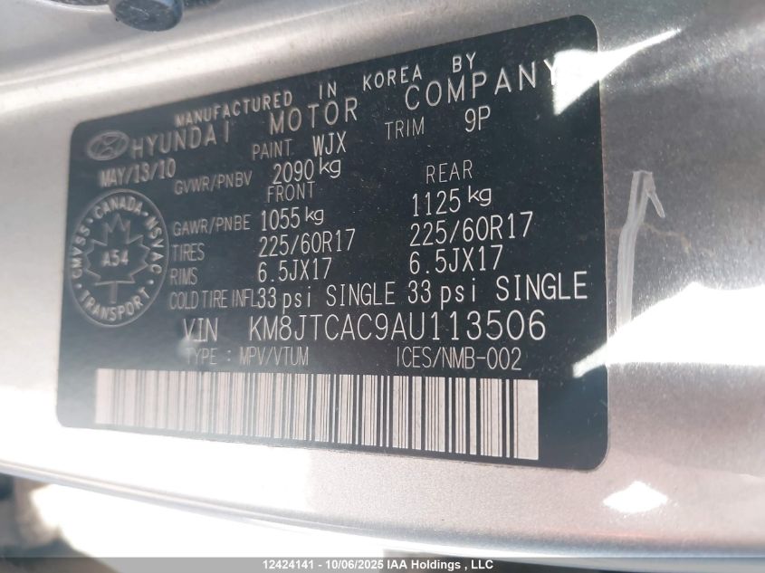 2010 Hyundai Tucson Gls VIN: KM8JTCAC9AU113506 Lot: 12424141