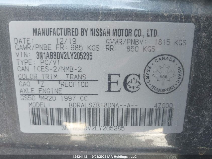 2020 Nissan Sentra Sr VIN: 3N1AB8DV2LY205285 Lot: 12424142