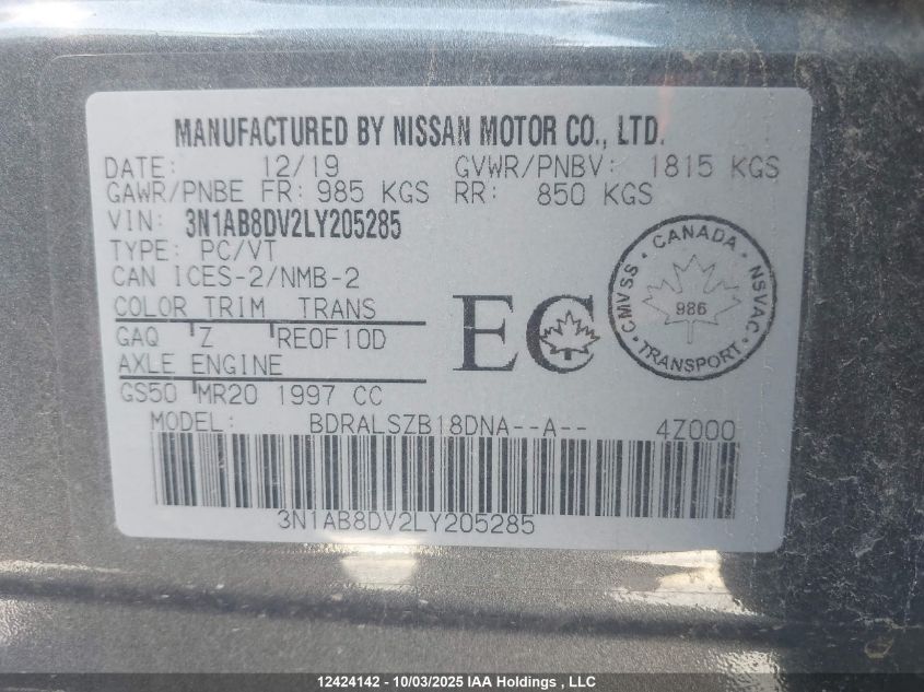 2020 Nissan Sentra Sr VIN: 3N1AB8DV2LY205285 Lot: 12424142