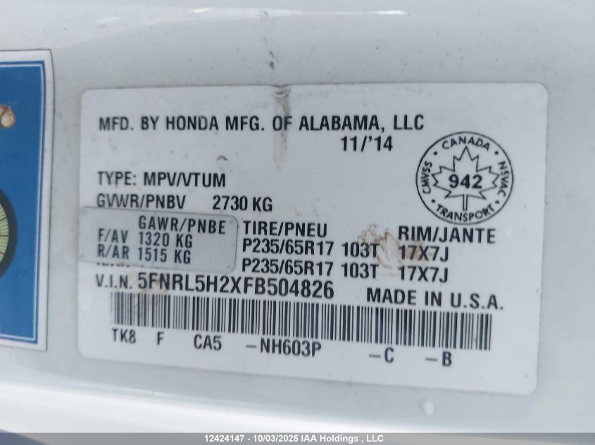 2015 Honda Odyssey Lx VIN: 5FNRL5H2XFB504826 Lot: 12424147