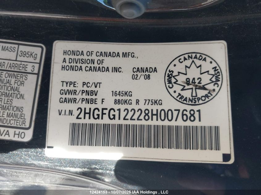 2008 Honda Civic Dx/Dx-A VIN: 2HGFG12228H007681 Lot: 12424153