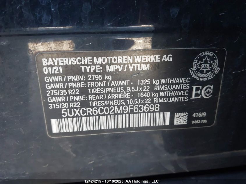 2021 BMW X5 xDrive40I VIN: 5UXCR6C02M9F63698 Lot: 12424215