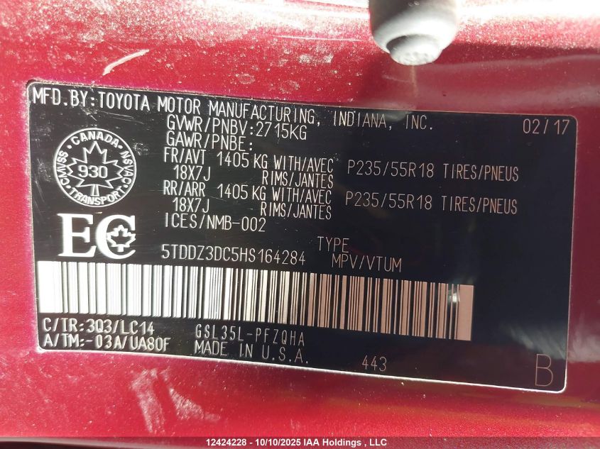 2017 Toyota Sienna Xle 7 Passenger VIN: 5TDDZ3DC5HS164284 Lot: 12424228