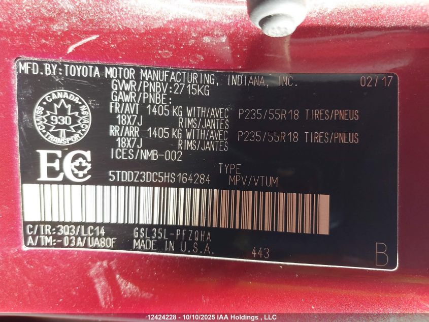 2017 Toyota Sienna Xle 7 Passenger VIN: 5TDDZ3DC5HS164284 Lot: 12424228