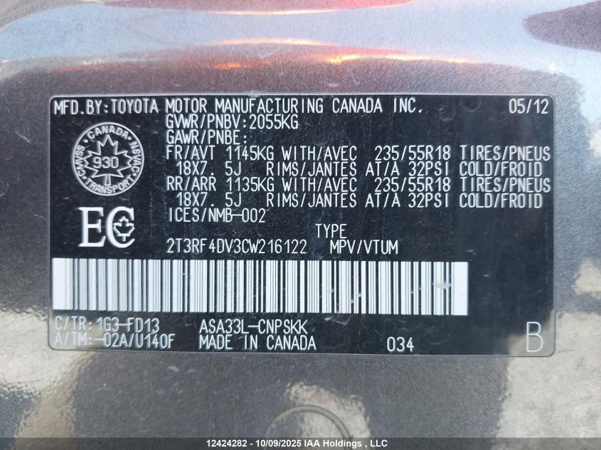 2012 Toyota Rav4 Sport VIN: 2T3RF4DV3CW216122 Lot: 12424282