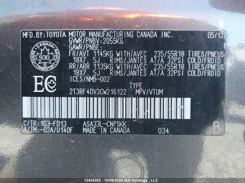 2012 Toyota Rav4 Sport VIN: 2T3RF4DV3CW216122 Lot: 12424282