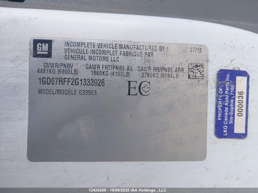 2016 GMC Savana Cutaway VIN: 1GD07RFF2G1333926 Lot: 12424289