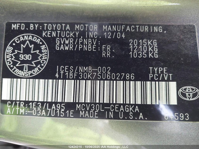 4T1BF30K75U602786 2005 TOYOTA CAMRY photo no. 18