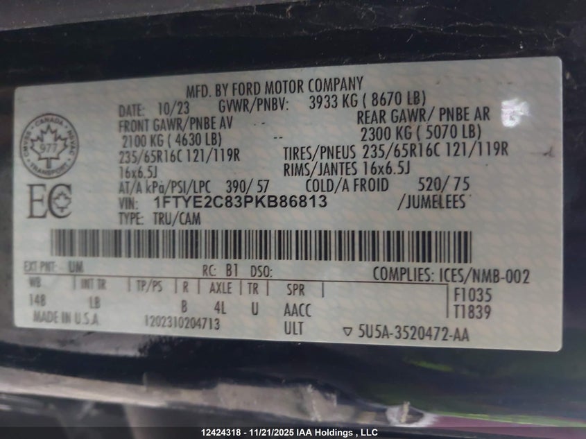 2023 Ford Transit-150 Cargo VIN: 1FTYE2C83PKB86813 Lot: 12424318