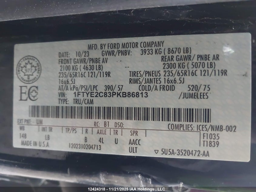 2023 Ford Transit-150 Cargo VIN: 1FTYE2C83PKB86813 Lot: 12424318