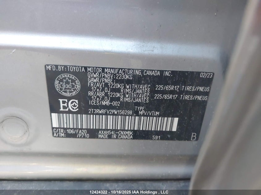 2023 Toyota Rav4 VIN: 2T3RWRFV2PW156298 Lot: 12424322