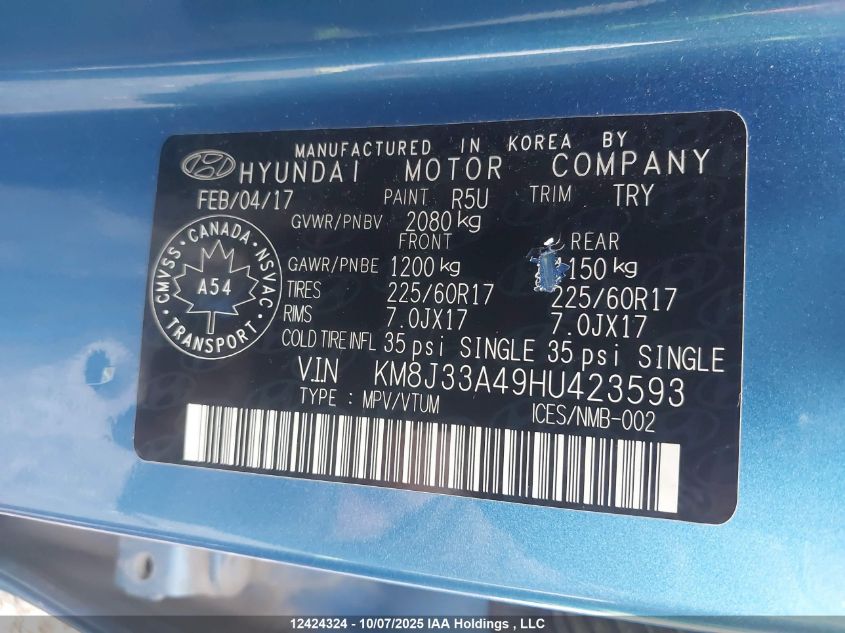 2017 Hyundai Tucson Premium VIN: KM8J33A49HU423593 Lot: 12424324