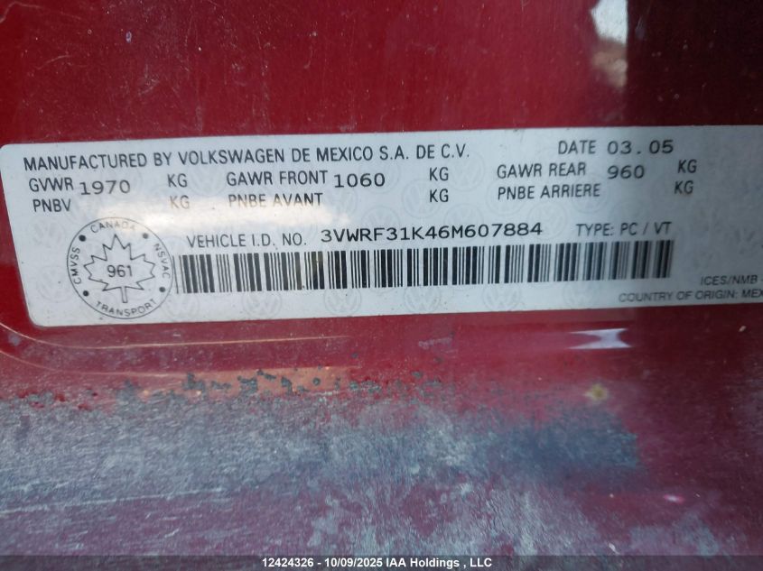 2006 Volkswagen Jetta 2.5 VIN: 3VWRF31K46M607884 Lot: 12424326