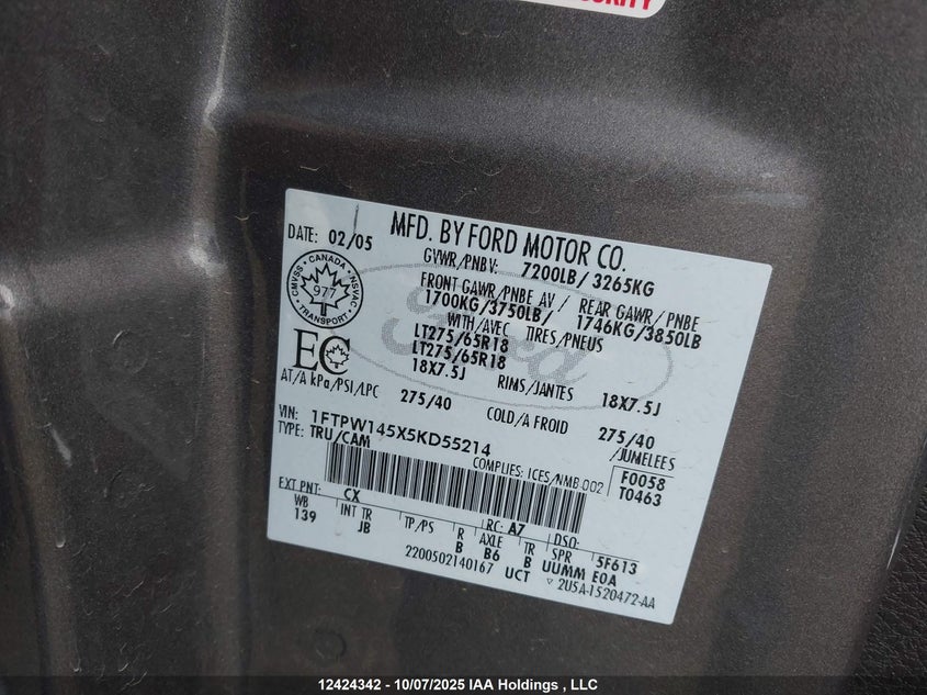 2005 Ford F150 Supercrew VIN: 1FTPW145X5KD55214 Lot: 12424342