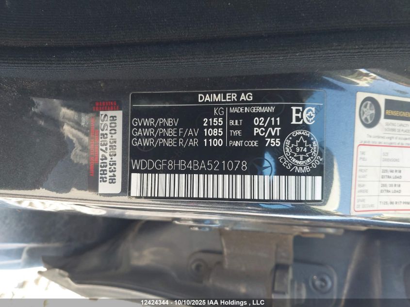 2011 Mercedes-Benz C 350 4Matic VIN: WDDGF8HB4BA521078 Lot: 12424344