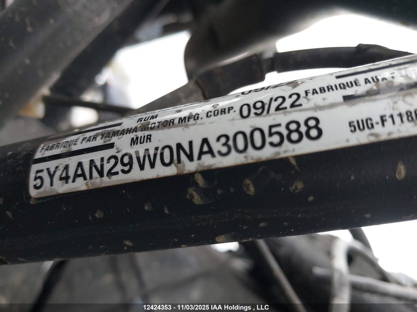 2022 Yamaha Yxz1000 VIN: 5Y4AN29W0NA300588 Lot: 12424353