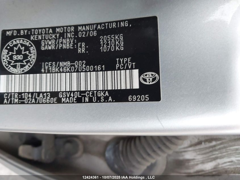 2007 Toyota Camry VIN: 4T1BK46K07U500161 Lot: 12424361