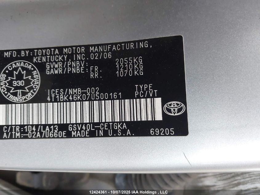 2007 Toyota Camry VIN: 4T1BK46K07U500161 Lot: 12424361