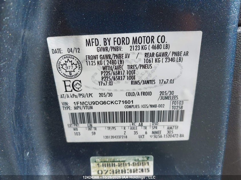 1FMCU9DG6CKC71601 2012 FORD ESCAPE photo no. 9