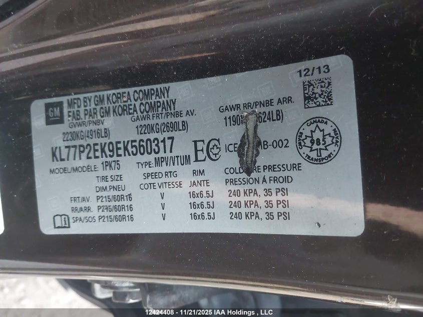 2014 Chevrolet Orlando Lt VIN: KL77P2EK9EK560317 Lot: 12424408