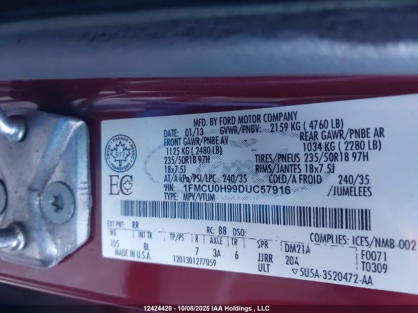 2013 Ford Escape Sel VIN: 1FMCU0H99DUC57916 Lot: 12424428