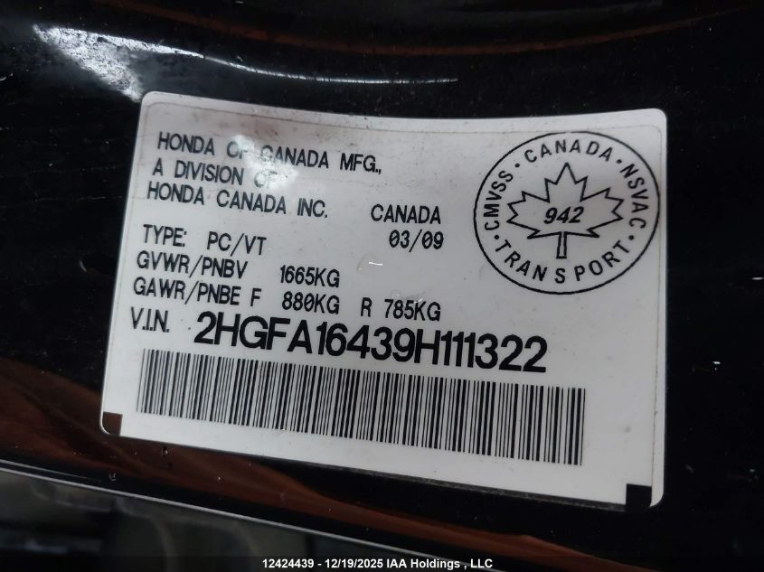 2009 Honda Civic Dx-G VIN: 2HGFA16439H111322 Lot: 12424439