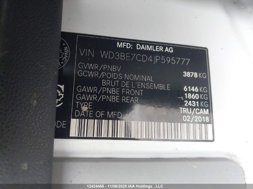 2018 Mercedes-Benz Sprinter 2500 Standard Roof V6 VIN: WD3BE7CD4JP595777 Lot: 12424456