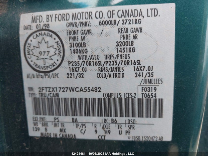 1998 Ford F-150 Lariat/Standard/Xl/Xlt VIN: 2FTZX1727WCA55482 Lot: 12424461