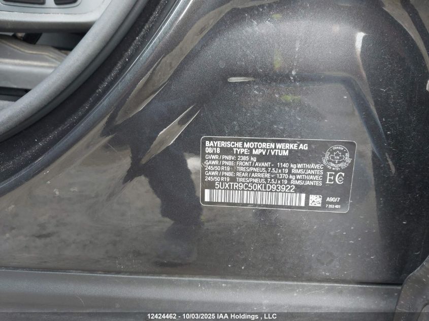 2019 BMW X3 xDrive30I VIN: 5UXTR9C50KLD93922 Lot: 12424462