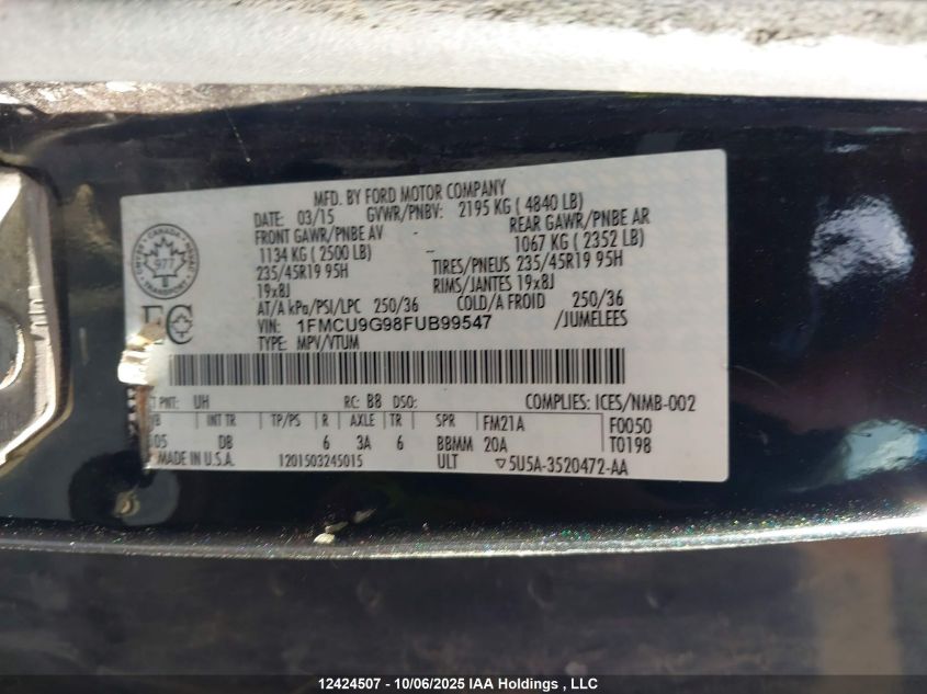 2015 Ford Escape Se VIN: 1FMCU9G98FUB99547 Lot: 12424507