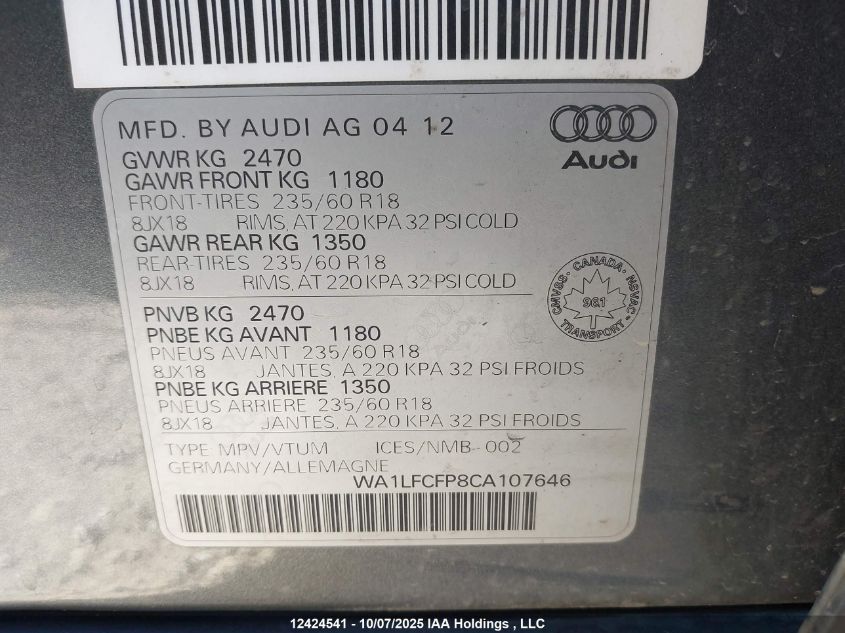 2012 Audi Q5 Premium Plus VIN: WA1LFCFP8CA107646 Lot: 12424541