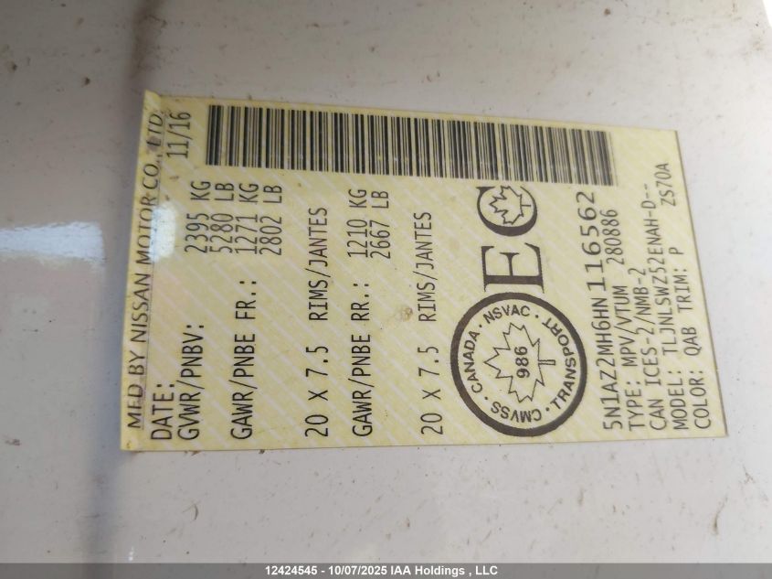 2017 Nissan Murano Platinum/Sl/Sv VIN: 5N1AZ2MH6HN116562 Lot: 12424545