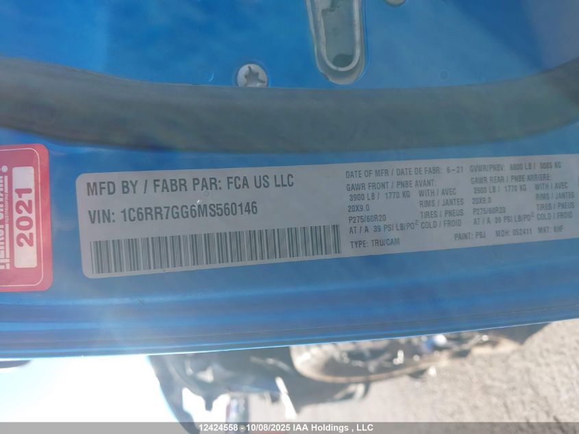 2021 Ram 1500 Classic Slt VIN: 1C6RR7GG6MS560146 Lot: 12424558