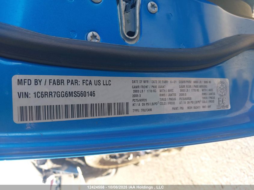2021 Ram 1500 Classic Slt VIN: 1C6RR7GG6MS560146 Lot: 12424558