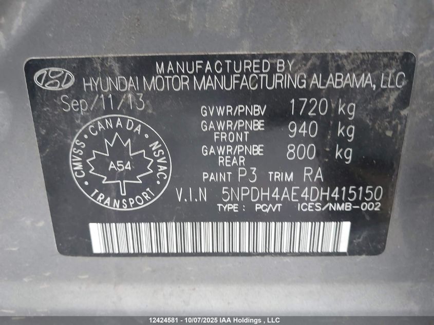 2013 Hyundai Elantra VIN: 5NPDH4AE4DH415150 Lot: 12424581