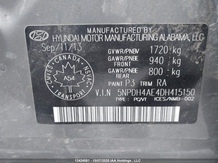 2013 Hyundai Elantra VIN: 5NPDH4AE4DH415150 Lot: 12424581