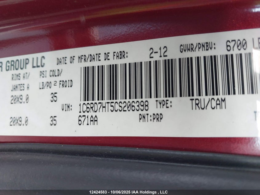 2012 Dodge Ram 1500 Sport VIN: 1C6RD7HT5CS206398 Lot: 12424583