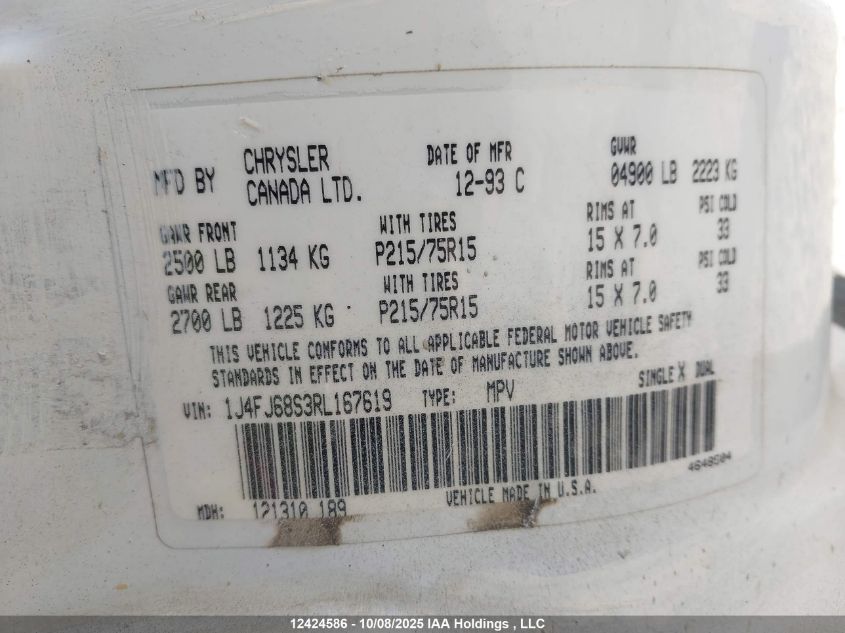 1994 Jeep Cherokee Sport VIN: 1J4FJ68S3RL167619 Lot: 12424586