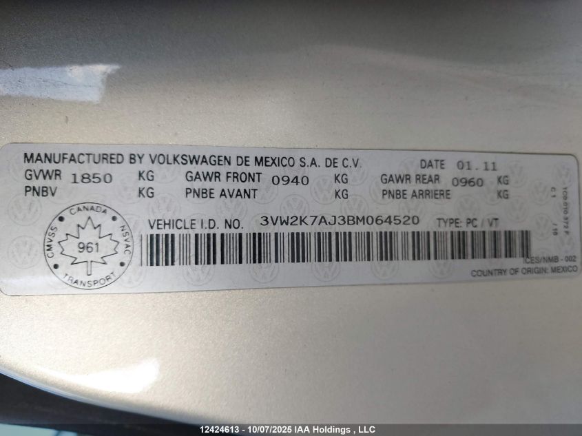 2011 Volkswagen Jetta S VIN: 3VW2K7AJ3BM064520 Lot: 12424613