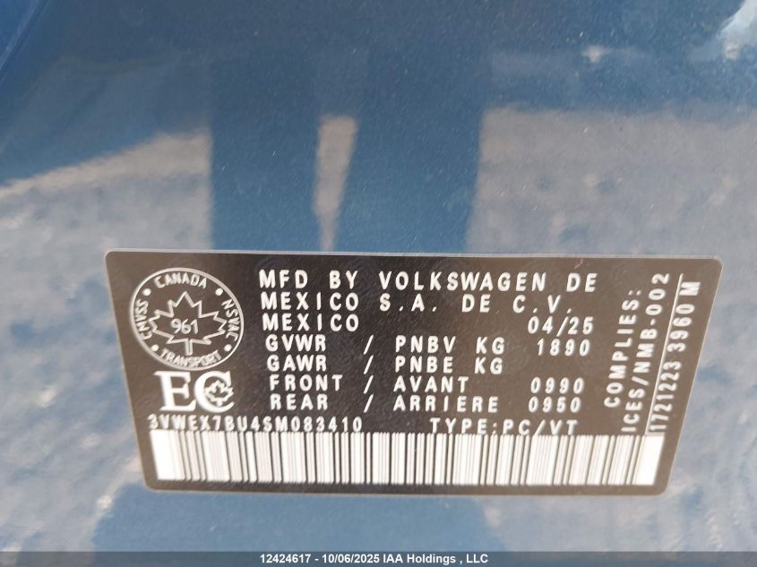 2025 Volkswagen Jetta Se VIN: 3VWEX7BU4SM083410 Lot: 12424617