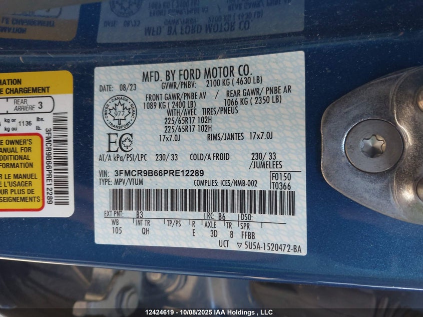 2023 Ford Bronco Sport Big Bend VIN: 3FMCR9B66PRE12289 Lot: 12424619