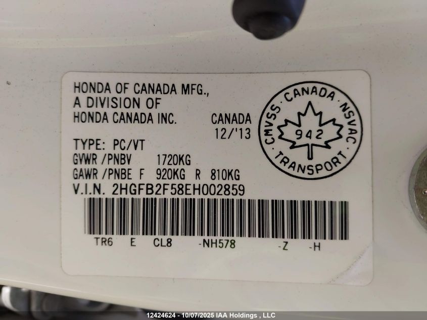 2014 Honda Civic VIN: 2HGFB2F58EH002859 Lot: 12424624