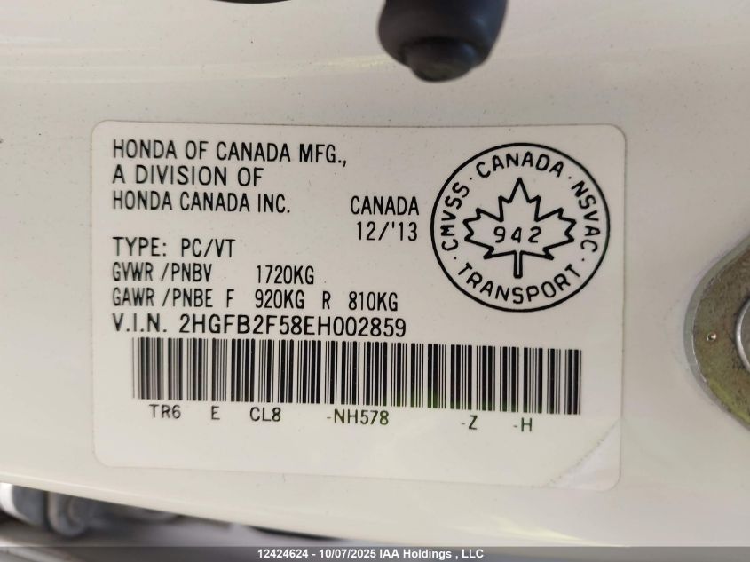 2014 Honda Civic VIN: 2HGFB2F58EH002859 Lot: 12424624