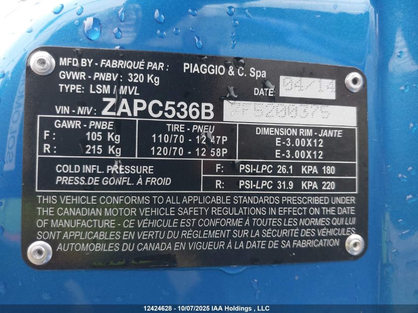 2015 Vespa Primavera 50 4V Ie VIN: ZAPC536B7F5200375 Lot: 12424628