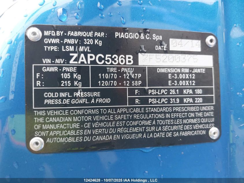2015 Vespa Primavera 50 4V Ie VIN: ZAPC536B7F5200375 Lot: 12424628