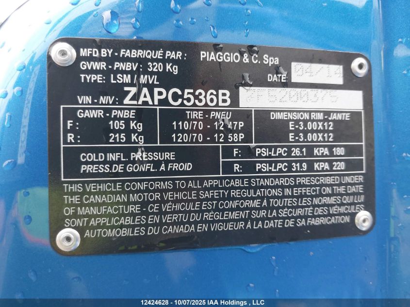 2015 Vespa Primavera 50 4V Ie VIN: ZAPC536B7F5200375 Lot: 12424628