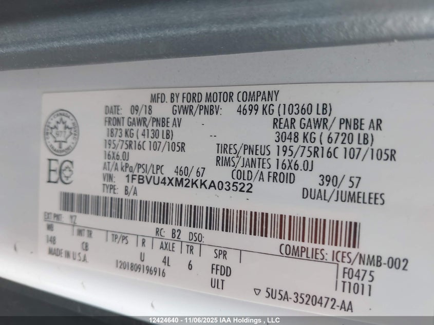 2019 Ford Transit VIN: 1FBVU4XM2KKA03522 Lot: 12424640