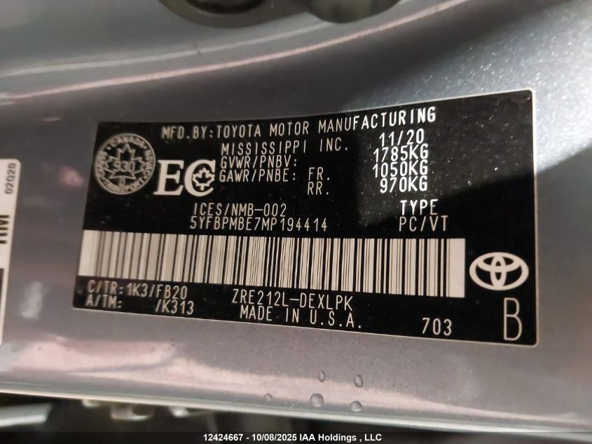 2021 Toyota Corolla Le VIN: 5YFBPMBE7MP194414 Lot: 12424667