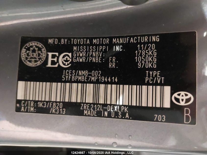 2021 Toyota Corolla Le VIN: 5YFBPMBE7MP194414 Lot: 12424667
